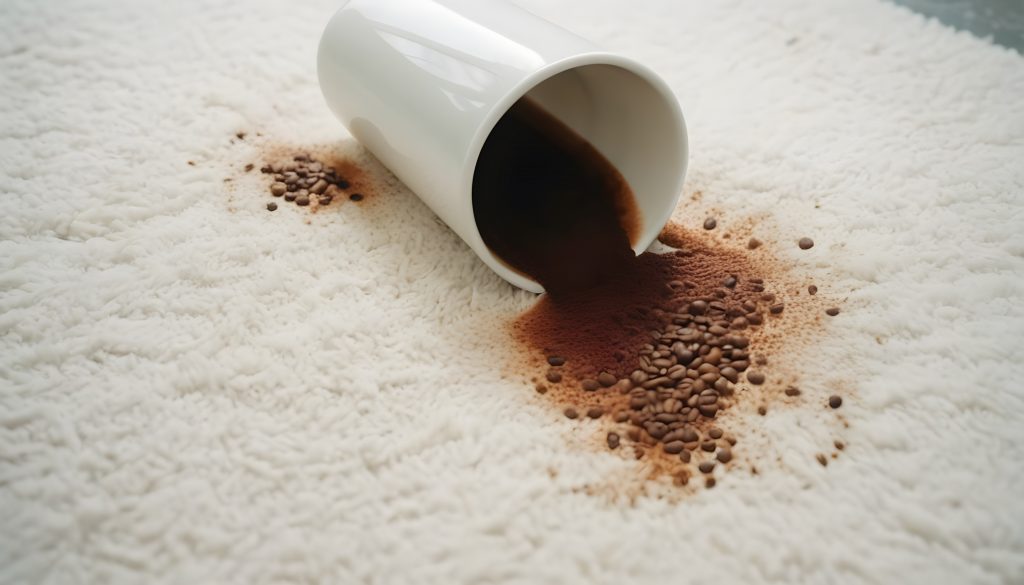 Spillage of coffee on carpet, stain removal service, carpet clean.